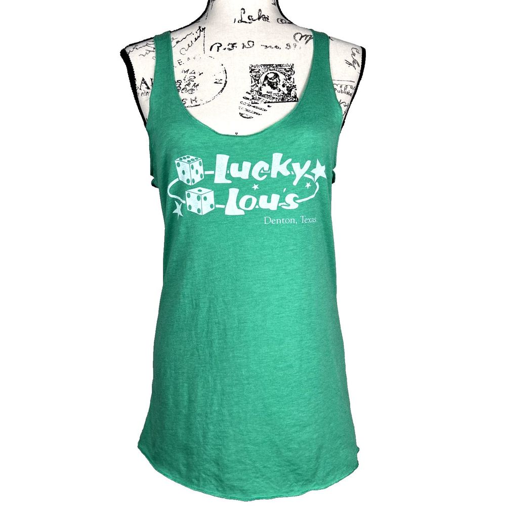 Next Level Lucky Lou's Sz M Long Tank Top Racerback Green Dice Stars Denton, TX